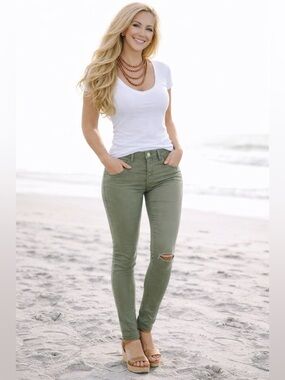 MAVI ADRIANA ANKLE 🫒 Green Skinny Jeans Size 25 | Edgy Knee Distress Chic Fit